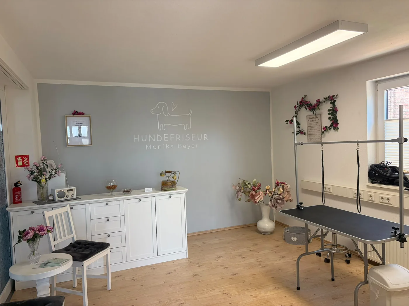 Heller Salonraum des Hundefriseurs Monika Beyer in Hilter mit Pflegetisch und Blumendeko