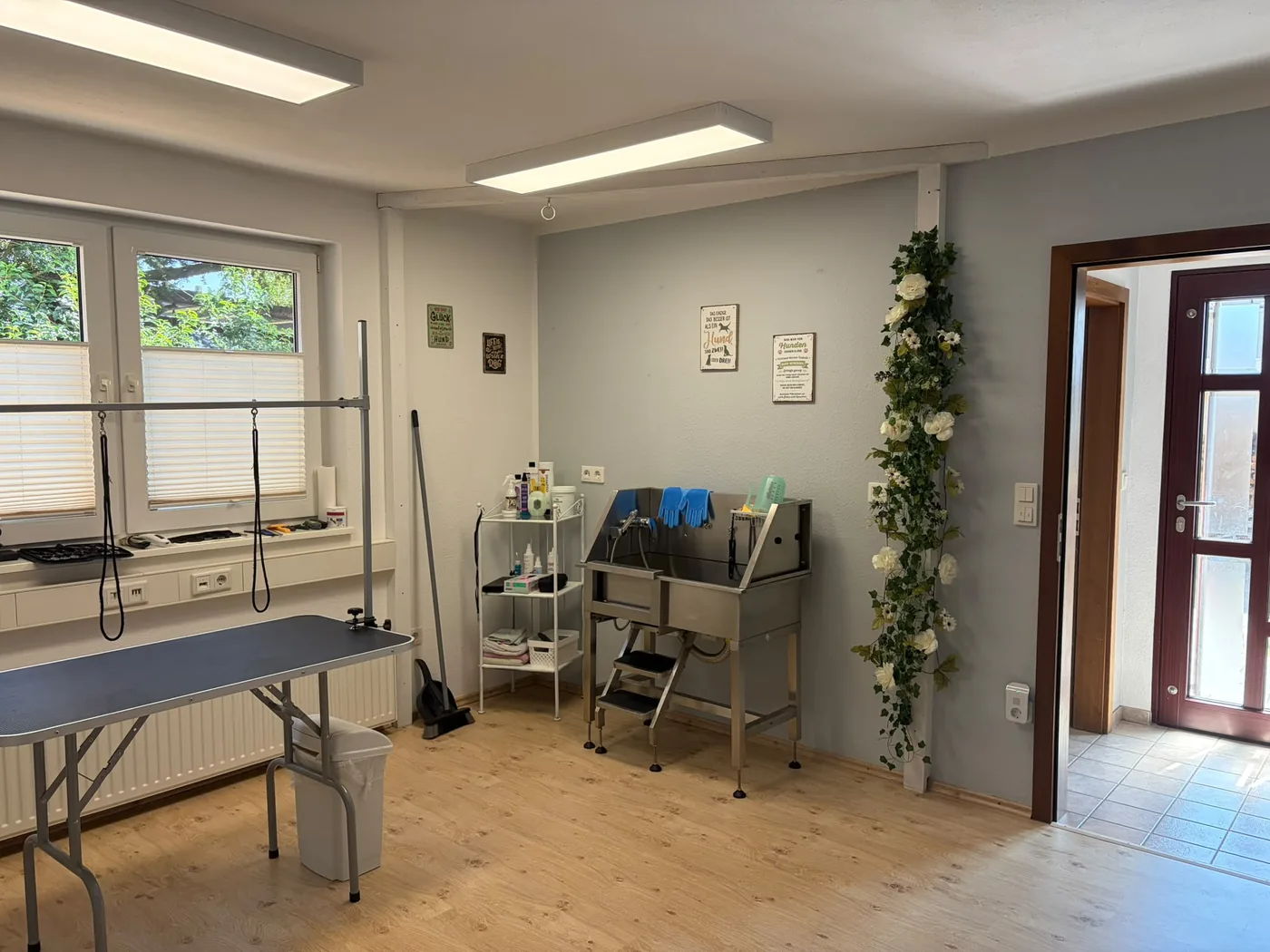 Waschbereich mit Edelstahlwanne und Pflegetisch im Hundesalon in Hilter